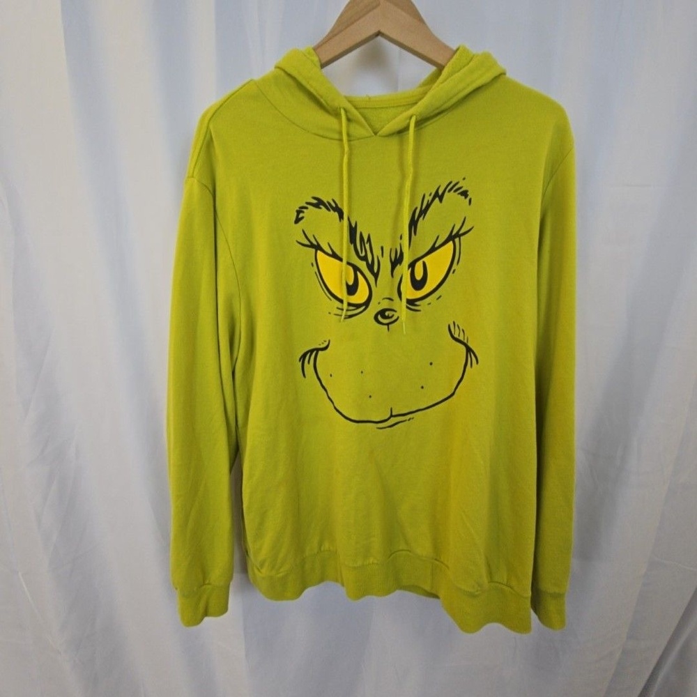 The Grinch Hoodie Mens 2XL Green Graphic Pullover Sweatshirt Fleece Christmas